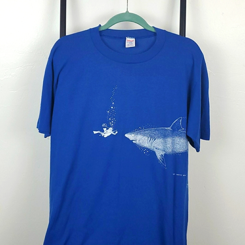 VTG 1984 Jerzees Fluid Visions Great White Shark Blue Tee T-shirt Men Size XL